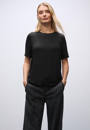 Street One Kurzarmshirt STREET ONE, Damen, Gr. 34, schwarz, Jersey, Obermaterial: 95% Viskose, 5% Elasthan, unifarben, normal, U-Boot-Ausschnitt, Shirts Kurzarms