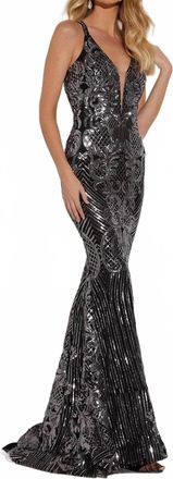 Jasz Couture Sleeveless Deep V-Neck Prom Maxi Dress In Black Grey