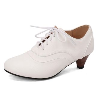 Generic Womens Mid Block Heel Casual Shoes Round Toe PU Leather Office Dress Shoes Lace Up Vintage Brogues,White,10.5 UK