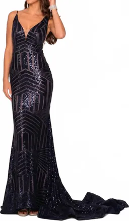 Dave & Johnny V Neckline Gown In Navy