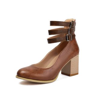 Generic Womens Round Toe PU Leather Vintage Shoes Chunky High Heel Dress Pumps Ankle Strap Office Shoes with Buckle,Brown,4.5 UK