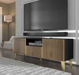AC-D&eacute;co Mueble Tv Ravenna F 150 Cm 2d1s Negro Mate/roble Artesanal Pies Dorados