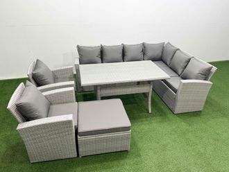 Fimous Rattan Garden Furniture Set Outdoor 9 Seater Dining Corner Sofa Set in Light Grey