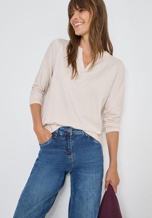 Cecil Langarmshirt CECIL, Damen, Gr. L (42), light greige, Jersey, Obermaterial: 48% Baumwolle, 48% Modal, 4% Elasthan, unifarben, bequem h&uuml;ftbedeckend, V-A
