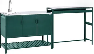 Beliani Outdoor Kitchen Cabinet Green Stainless Steel 3 Door Unit with Top Garden Kitchen Dining MAENZA
