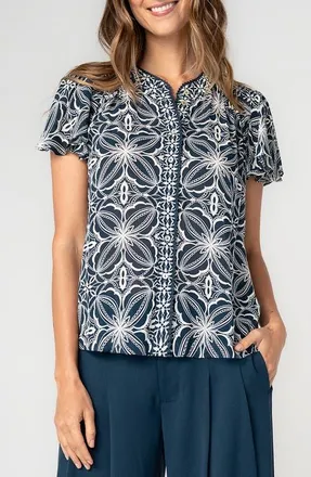 Liverpool L.A. Flutter Sleeve Mix Print Button-Up Top in Blue W Cream at Nordstrom, Size X-Small