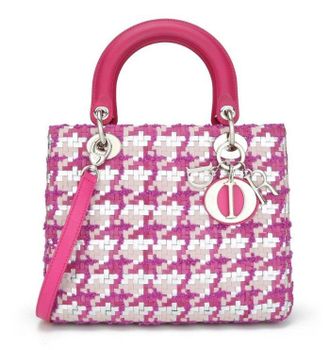 Dior Pink & Silver Woven Leather & Tweed Medium Lady Dior Bag