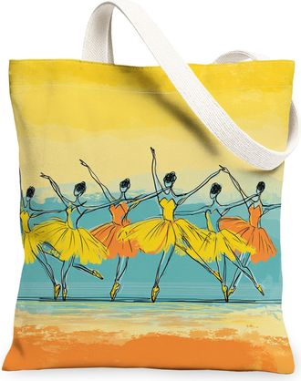 Generic Artistic Dancer Canvas Tote Bag, Vintage Dance Illustration Lightweight Reusable Grocery Bags, Summer Fashionable Eco-Frien, Yellow, 13x15 Inch
