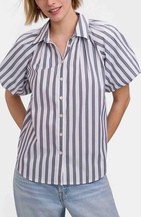Foxcroft Paula Stripe Puff Sleeve Cotton Blend Button-Up Shirt in Black/White at Nordstrom, Size X-Large