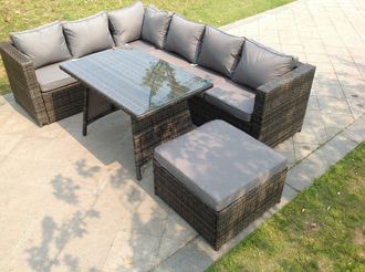 Fimous 7 Seater Grey Rattan Sofa Dining Set Table Footstool Garden Furniture Outdoor in Dark Grey