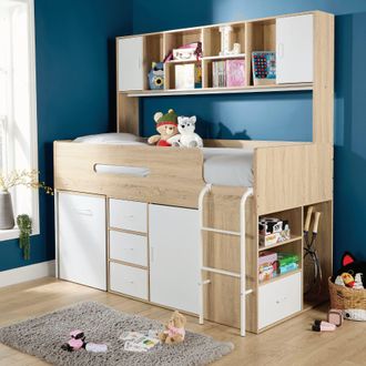 Home Source Industries Cabin Loft Single Bed Overhead Integrated Storage Shelves Hidden Desk in White