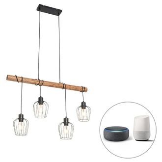 QAZQA Qazqa - Smart Pendant Light Black with Wood Incl. 4 Wifi A60 - Stronk