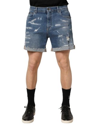 Dolce & Gabbana Blue Cotton Distressed Denim Bermuda Mens Shorts