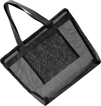 Generic Large Capacity Black Mesh Toiletry Pouch Handle, Foldable Beach Tote Bag for Shopping and Travel Storage