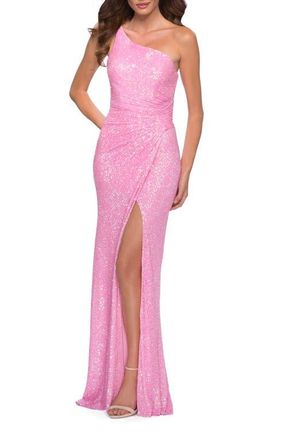 La Femme Neon Pink One Shoulder Sequin Dress with Open Back at Nordstrom, Size 00