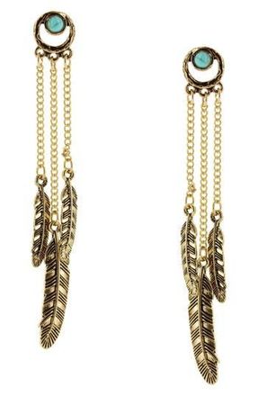 Olivia Welles Detailed Stone & Feather Trio Drop Earrings in Antique Gold-Turquoise at Nordstrom Rack