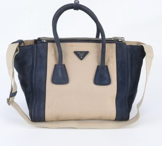Prada Beige Navy Leather Canvas Handbag Shoulder Bag Tote Bag (Pre-Owned)