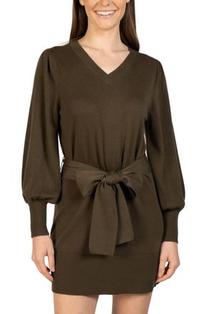 Love Token Short Knit Mini Sweater Dress With Tie In Olive