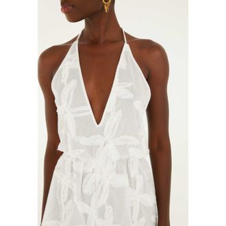 Farm Rio Farm Rio Womens Embroidered Neck Tie Romper in Coast Shell