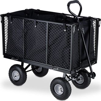 Relaxdays Carretilla Mano, Carreta Jard&iacute;n Grande, Laterales Plegables, Tela Extra&iacute;ble, Con Asas, Hasta 500kg, Negro/gris - Relaxdays