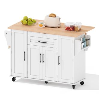 STILVORA Carro De Cocina Con 4 Puertas, 2 Cajones, Estantes Ajustables, Toallero Y Especiero, En Mdf, Blanco Y Natural, 136 X 70 X 92 Cm