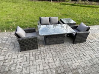 Fimous Outdoor Garden Dining Sets 4 Seater Rattan Patio Furniture Sofa Set with Rising Lifting Table Side Table in Dark Grey