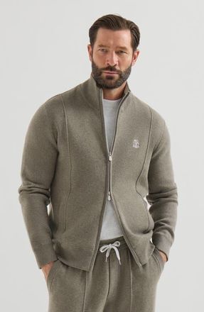Brunello Cucinelli Cashmere double knit cardigan with zipper and logo in Military at Nordstrom, Size X-Large