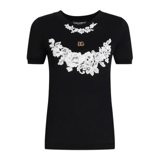 Dolce & Gabbana T-Shirts, female, Black, Size: L T-Shirt With Lace