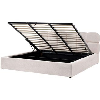 Beliani EU Super King Size Bed Light Beige Fabric 6ft Upholstered Frame Biscuit Headrest with Storage BASTON