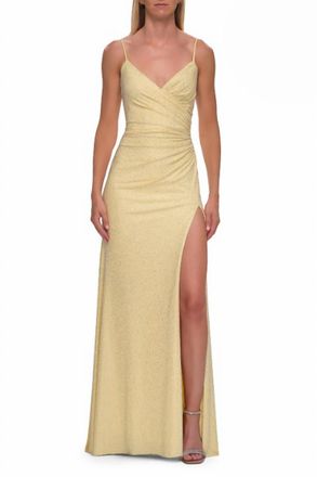 La Femme Fitted Rhinestone Jersey Gown In Pale Yellow