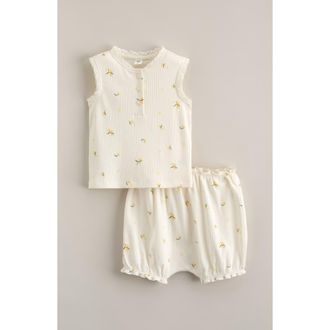 Nordstrom Lace Trim Cotton Rib Tank & Bloomers Set in Ivory Egret Lemon Toss at Nordstrom, Size 18M