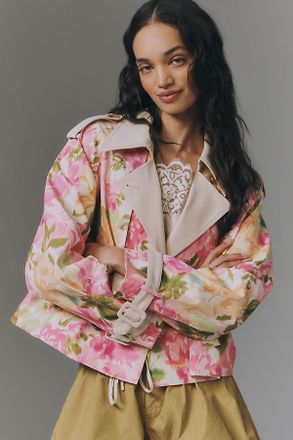 Maeve Retro Floral Cropped Trench Coat Jacket