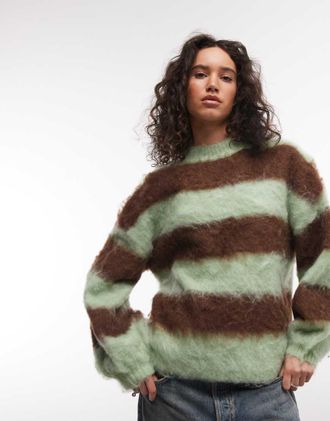Daisy Street Maglione soffice verde menta e marrone a righe con maniche a palloncino
