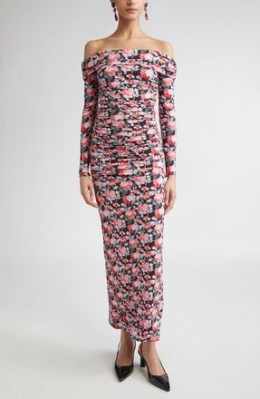Carolina Herrera Peony Print Ruched Long Sleeve Off the Shoulder Jersey Dress in Pink Multi at Nordstrom, Size Xx-Small