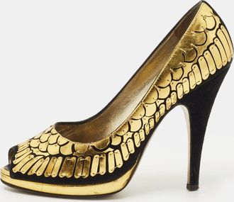 Roberto Cavalli Black/gold Suede Scale Embellish Peep Toe Pumps