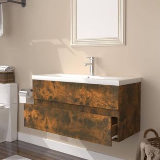 Berkfield Home Sink Cabinet with Built-in Basin Smoked Oak Engineered Wood in Brown