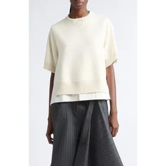 sacai Mixed Media Short Sleeve Sweater in Off White at Nordstrom, Size 4