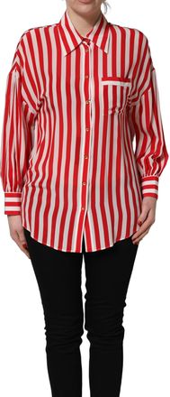 Dolce & Gabbana Womens Red White Striped Long Sleeve Silk Blouse Top And