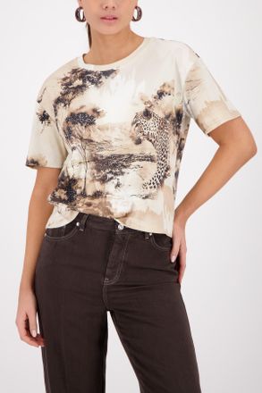Monari T-Shirt MONARI Shirt Savanne allover, Damen, Gr. 42, sand gem, Web, Obermaterial: 100% Baumwolle, gemustert, regular fit taillenbedeckt, Rundhals, ein