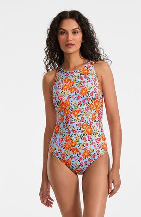 Lands End Tugless High Neck Portrait Back One Piece Swimsuit in Blue Springside Floral at Nordstrom, Size 14