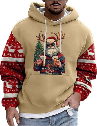 Generic Mens Christmas Hoodie Sweatshirt Mens Christmas Print Hooded Long Sleeve Hoodies Top Funny Christmas Jumpers Santa Festive Sweatshirt Xmas Party Hoode