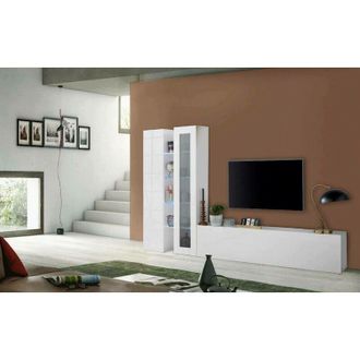 Dmora Dmora - Pared Equipada Dcau, Conjunto De Sal&oacute;n Mueble De Tv Con 3 Puertas, Mueble De Sal&oacute;n Polivalente Con Vitrina Y Luz Led, 100% Made In Italy, Cm 2