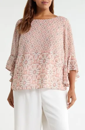 Kasper Print Ruffle Sleeve Top in Tearose Multi at Nordstrom, Size 1X