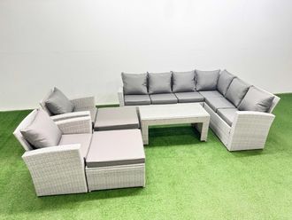Fimous Rattan Furniture Set 7 Pieces Outdoor Sofa Coffee Table Set 2 Chairs in Light Grey