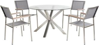 Beliani 4 Seater Garden Dining Set Outdoor Furniture Stainless Steel Transparent Glass Table Top Silver Maletto/Grosseto