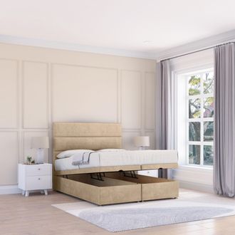 Sloomy Texas Coniston Fabric Ottoman Bed End Opening With Sprung Memory Mattress & 26 Inch strut Headboard in Cream | Size: Double