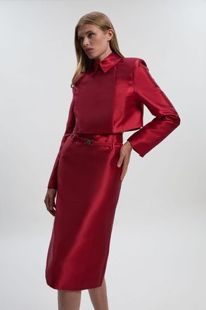 Karen Millen Womens Satin Twill Belted Tailored Midi Skirt - Burgundy - Size 10 UK