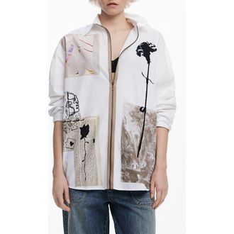 Desigual Relaxed Fit Zip Front Cotton Shirt in White at Nordstrom, Size Large/x-Large