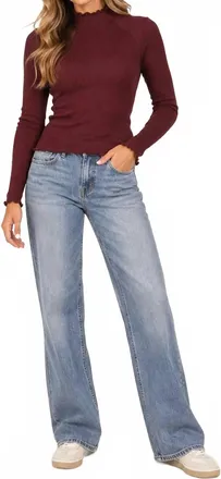 Democracy Long Sleeve Mock Neck Mixed Media Knit Top With Lettuce Edge Detail In Oxblood
