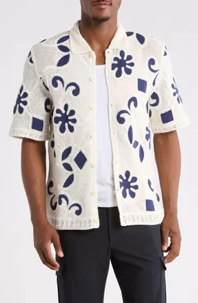 Wax London Porto Doodle Open Knit Short Sleeve Button-Up Shirt in Ecru/dark Blue at Nordstrom, Size X-Large